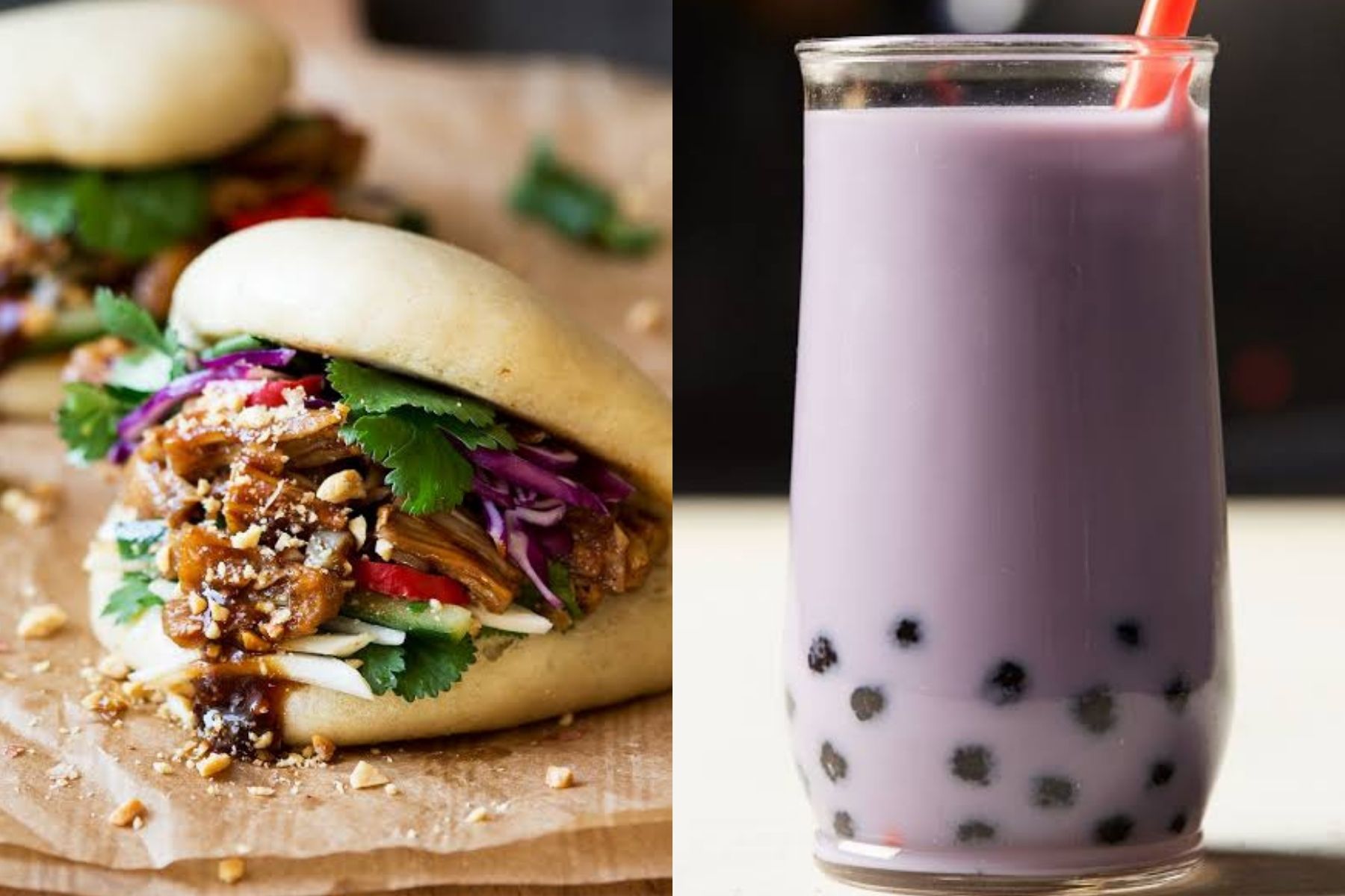Two bao buns filled with pulled meat, vegetables, and cilantro sit on brown paper. Next to them is a glass of purple bubble tea with black tapioca pearls and a red straw.