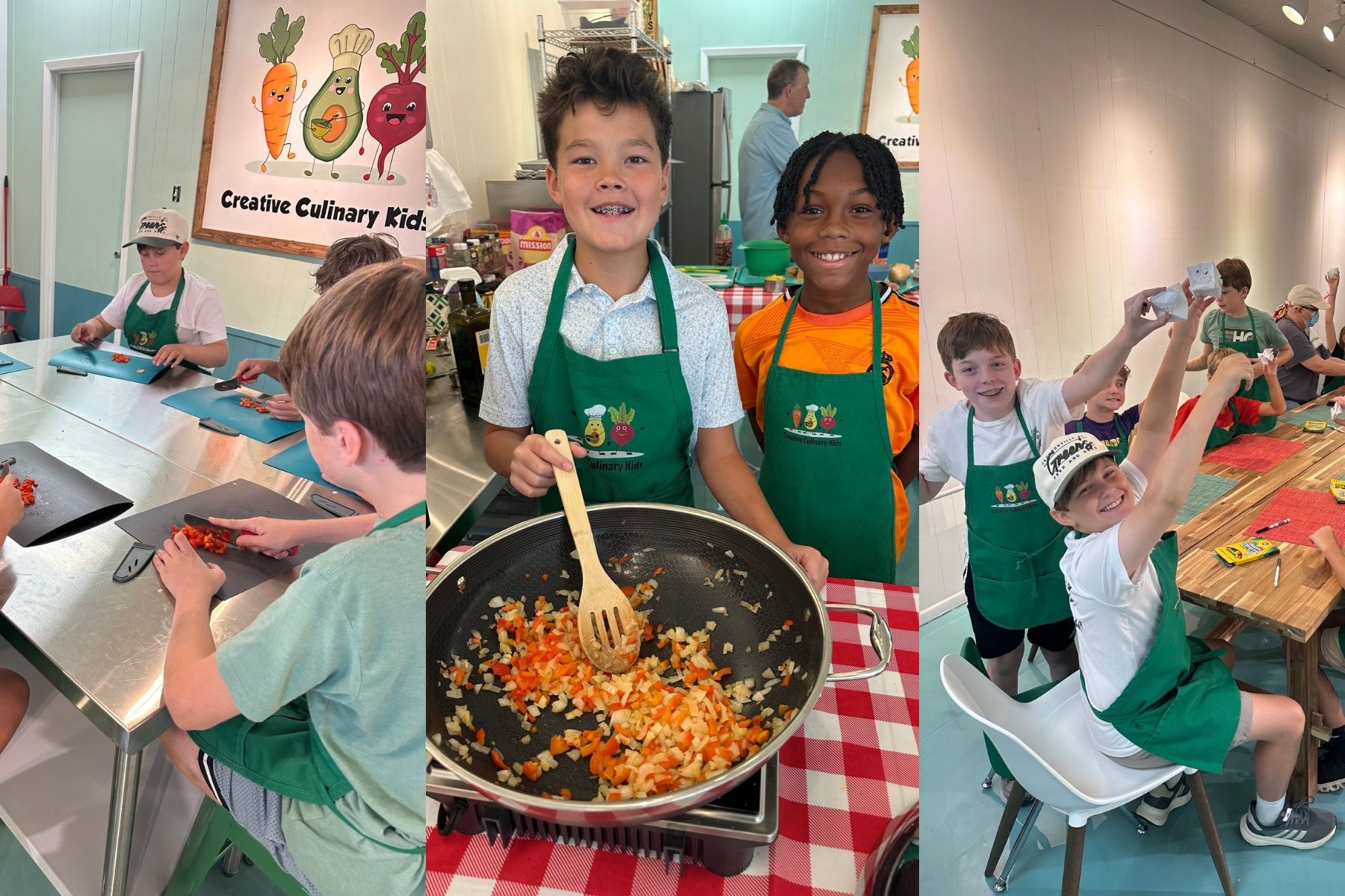 Children wearing green aprons chop vegetables, stir food in a skillet, and smile while cooking together in a bright, kid-friendly culinary classroom with Creative Culinary Kids signage.