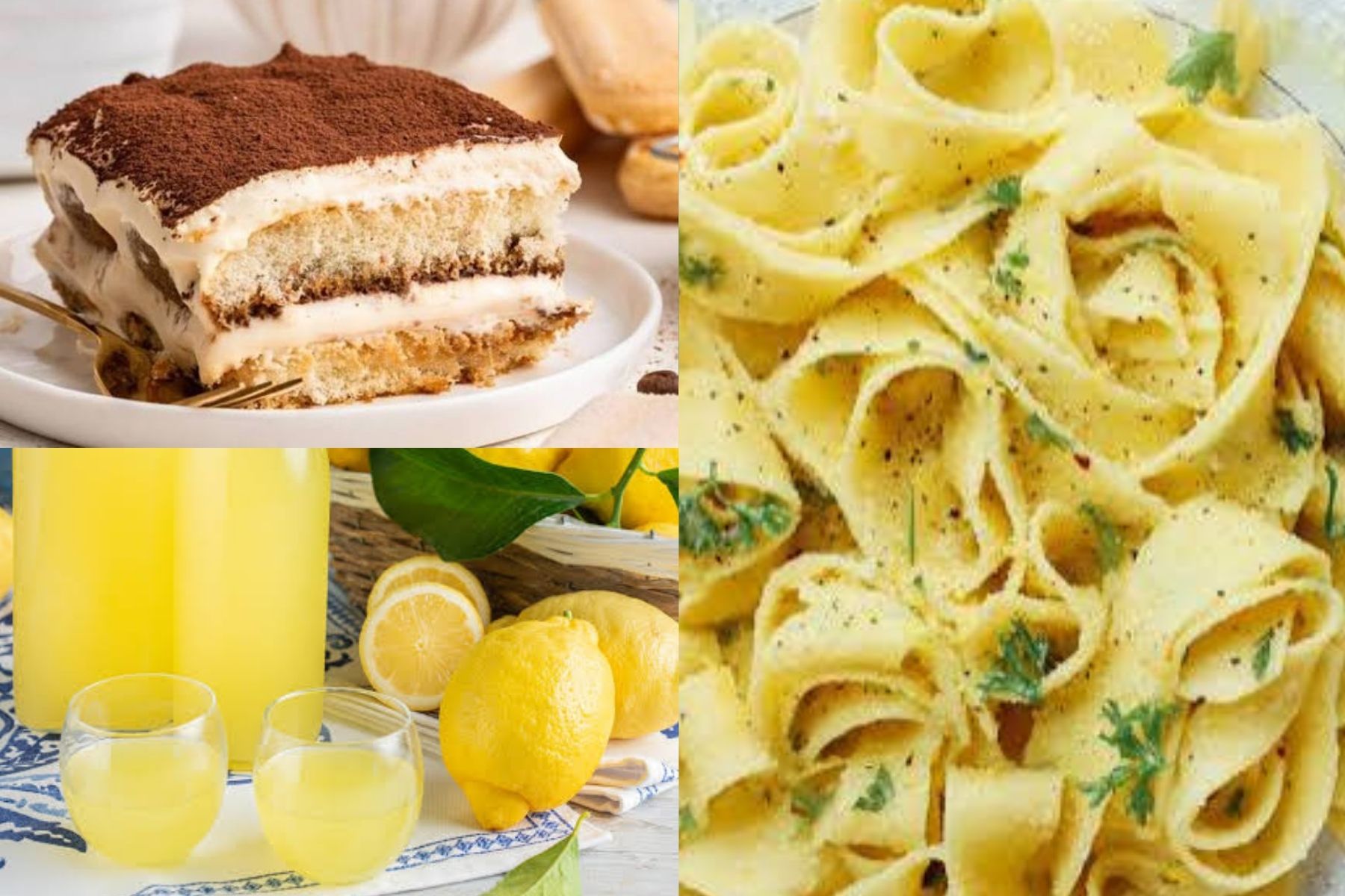 A collage showing tiramisu on a plate, fresh tagliatelle pasta with herbs, and two glasses of limoncello next to lemons and a carafe on a blue-patterned tablecloth.