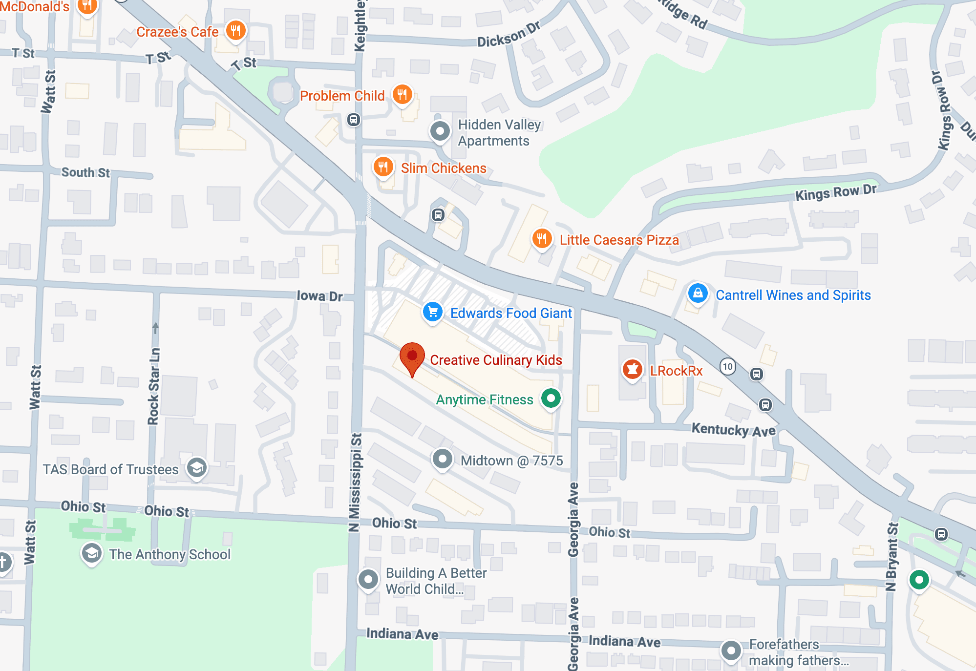 Map showing Mississippi Ave with Creative Culinary Kids marked near Anytime Fitness, Edwards Food Giant, and Little Caesars Pizza. Nearby streets include Iowa Dr, Kentucky Ave, Ohio St, and Indiana Ave.